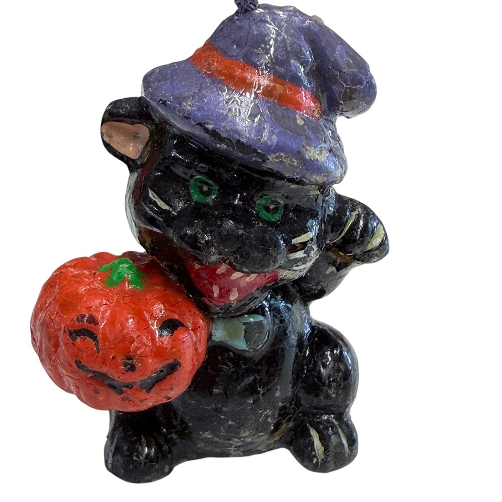 Vintage Halloween Black Cat Witch Hat Pumpkin Figural Candle Jack O Lantern